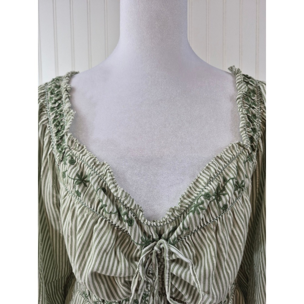 American Eagle Green Stripe Embroidered Cottagecore Puff Sleeve Mini Dress Large - Picture 3 of 10